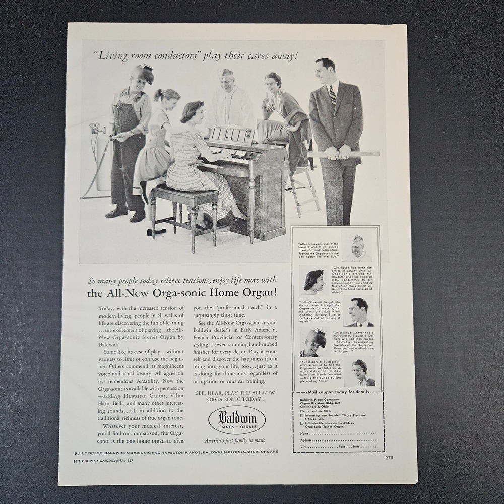 1957 Baldwin Orga-Sonic Spinet Organs Pianos Vintage Print Ad Cincinnati OH